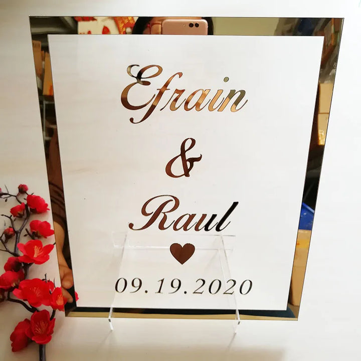 Custom Bride Groom Name Mirror Frame Wedding Signage Personalized Transperant Acrylic Sign Plate with Nail Party Decor Favors