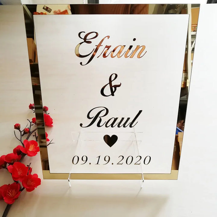 Custom Bride Groom Name Mirror Frame Wedding Signage Personalized Transperant Acrylic Sign Plate with Nail Party Decor Favors