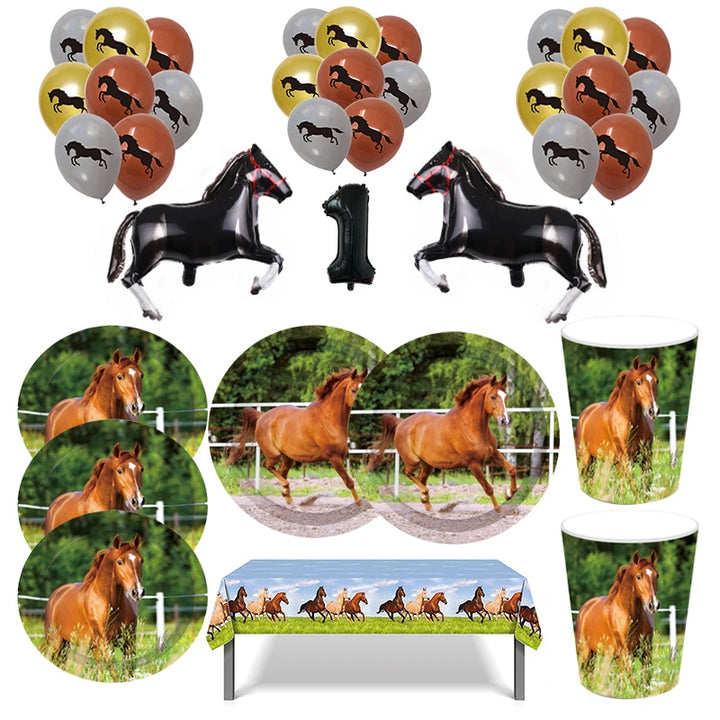 Horse Racing Theme Disposable Tableware Party Paper Plates Balloons Birthday Cowboy Party Boy Farm Baby Shower Decor Supplies