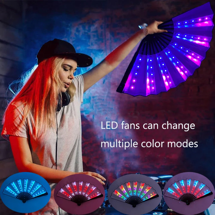 Chinese Japanese luminous Handheld Fan colorful led light up hand fan nightclub glowing props for Rave festival wedding party