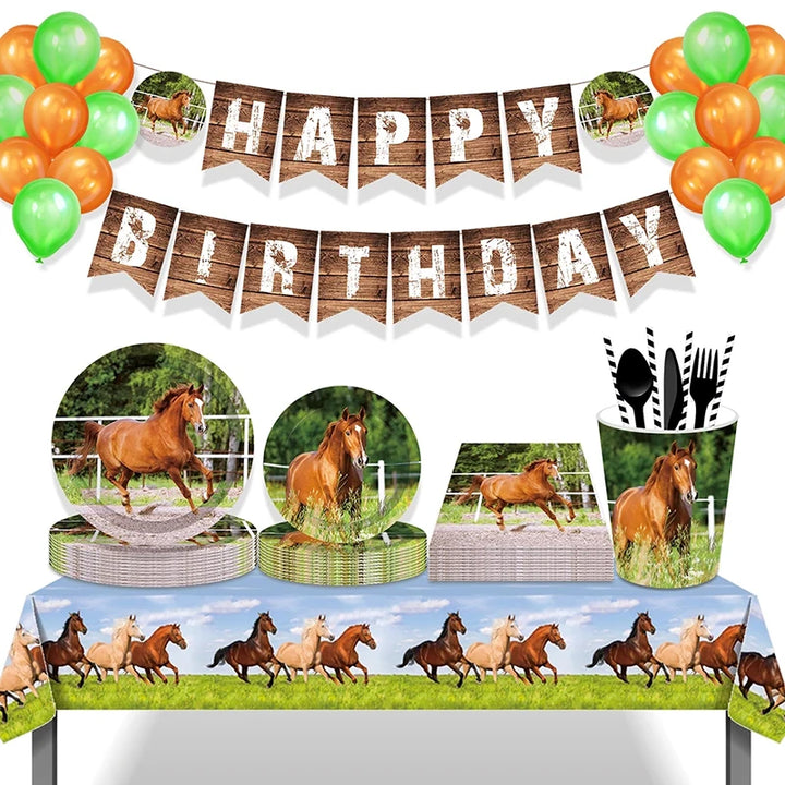 Horse Racing Theme Disposable Tableware Party Paper Plates Balloons Birthday Cowboy Party Boy Farm Baby Shower Decor Supplies