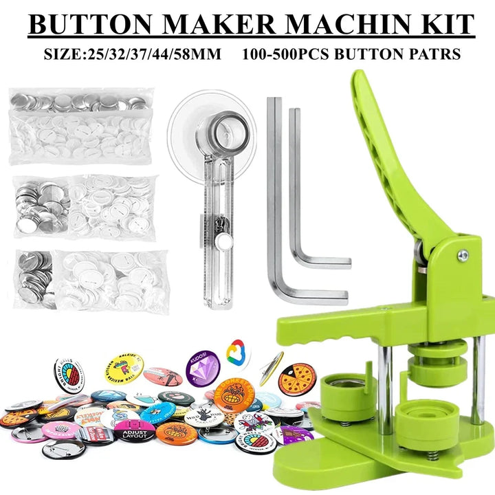 Badges Button Maker Machine Kit, DIY Badge Button Press with 100-500Pcs Button Parts+Circle Cutter, 25-58MM Badges Maker Machine