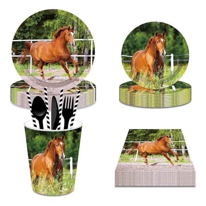 Horse Racing Theme Disposable Tableware Party Paper Plates Balloons Birthday Cowboy Party Boy Farm Baby Shower Decor Supplies