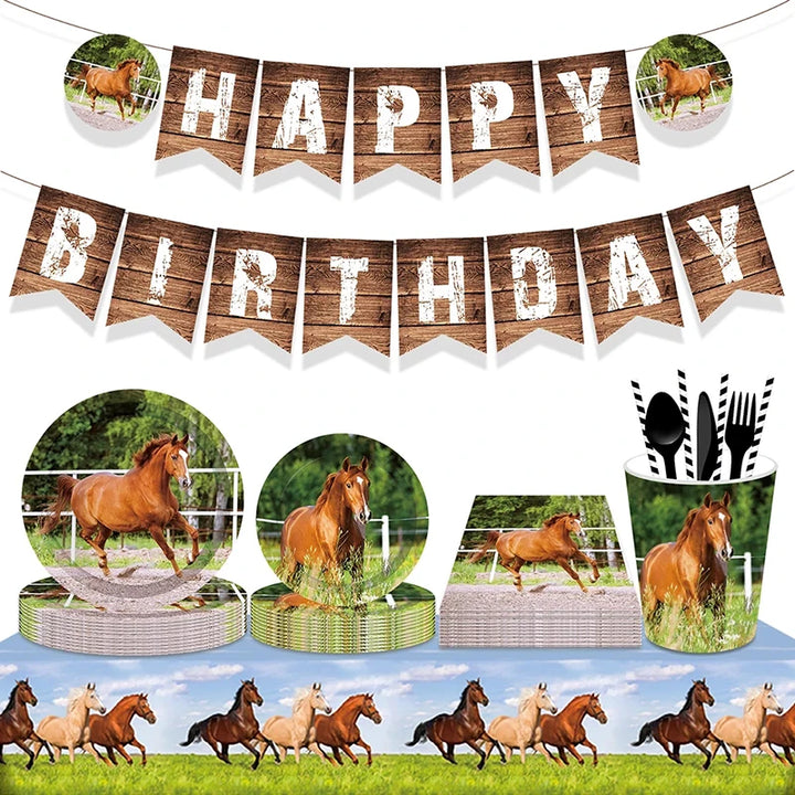 Horse Racing Theme Disposable Tableware Party Paper Plates Balloons Birthday Cowboy Party Boy Farm Baby Shower Decor Supplies