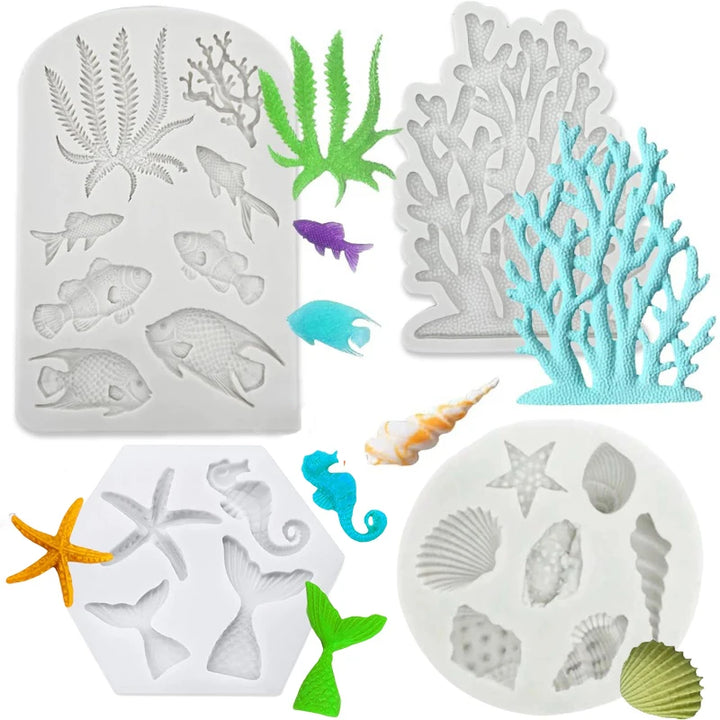 Silicone Marine Shell Mold Sea Fish Coral Sea Turtle Cake Fondant Conch Baking Mould Tool DIY Cake Chocolate Candy Decoration