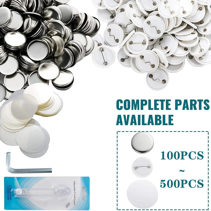 Badges Button Maker Machine Kit, DIY Badge Button Press with 100-500Pcs Button Parts+Circle Cutter, 25-58MM Badges Maker Machine