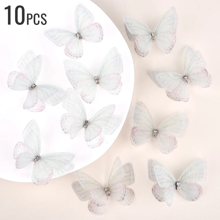 10pcs/bag Double Diamond Mesh Butterfly 3D Double Layer Lace Patches Embroidered Handmade Garment Patch Hairband Clip Decoration